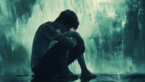 Digital painting shows lonely boy sitting in teal rainstorm.