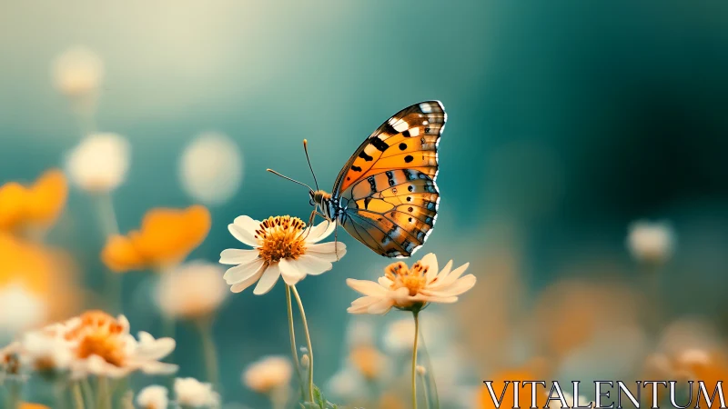Soft sunrise moment with butterfly resting on wild bloom.