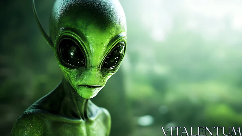 Green alien portrait with reflective eyes in soft light.