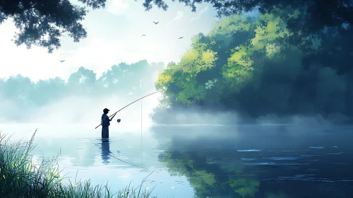 Solitary figure fishing in misty river under soft morning light.