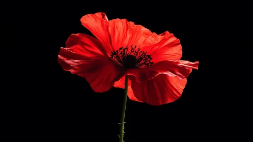 Red Poppy Flower Against Black Background.