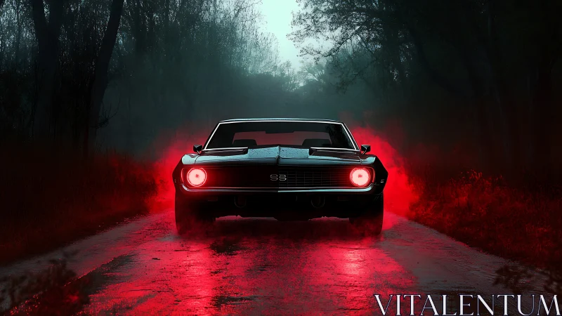 Muscle car tailview emits red light on wet forest road