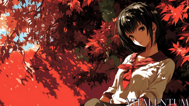 Autumn-lit schoolgirl resting beneath vivid crimson maple canopy.