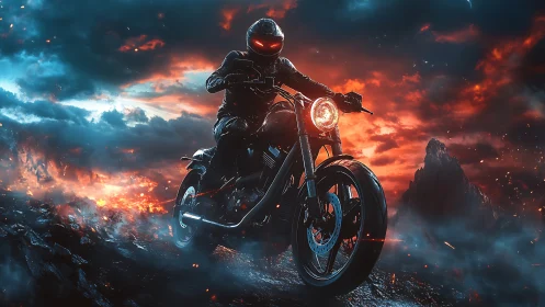 Midnight rider bends molten horizons into burning highways