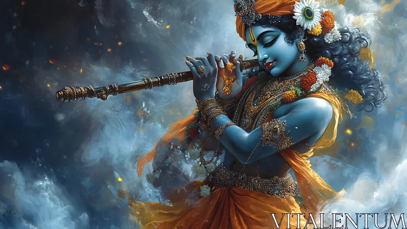 Blue divine musician wrapped in swirling golden clouds.