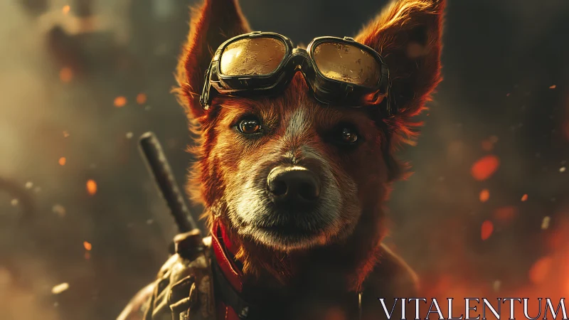 Heroic combat dog wearing goggles stands amid glowing embers