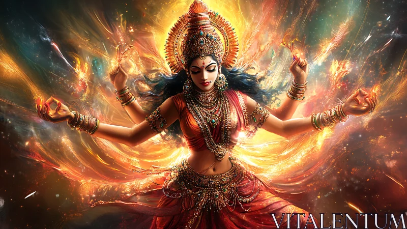 Flaming goddess whirls galaxies of light with jeweled grace