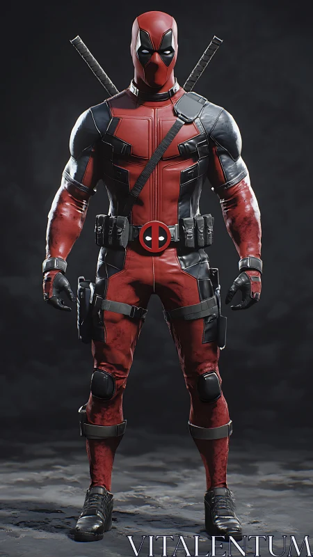 Full-body Deadpool character render showcases detailed armor