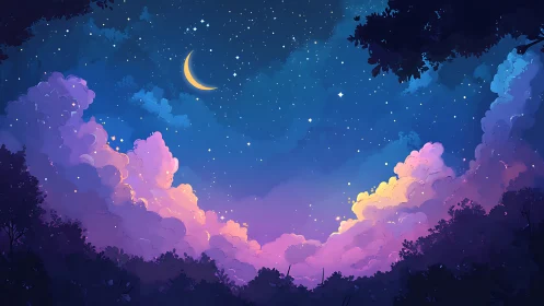 Crescent moon above pastel cumulonimbus under gradient twilight sky