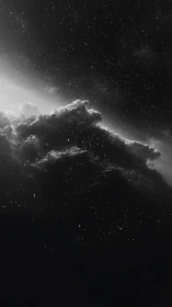 Moonlit cosmic clouds drift through a silent starlit void