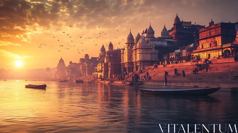 Sunrise light bathes stepped ghats and temples along river