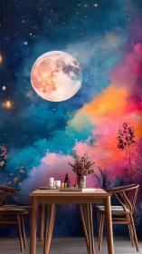 Moonlit nebula mural behind modern wooden dining set.