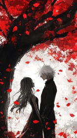 Backlit couple under high-contrast red canopy in stylized silhouette