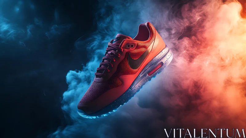 Bicolor vapor-lit athletic sneaker in cinematic product isolation.
