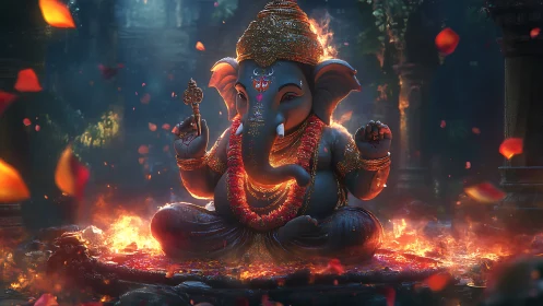 Gentle glow of Ganesha amid swirling petals and firelight.
