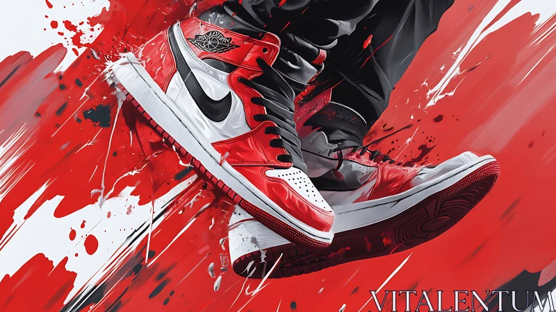 Red and white high-top sneakers in stylized motion study.