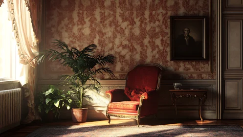 Sunlit velvet armchair crowns a nostalgic parlor corner.
