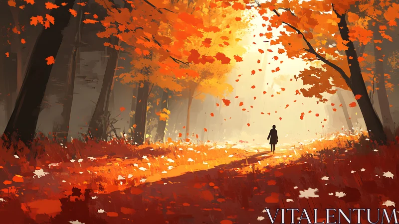 Solitary Figure in Autumn Forest Pathway.