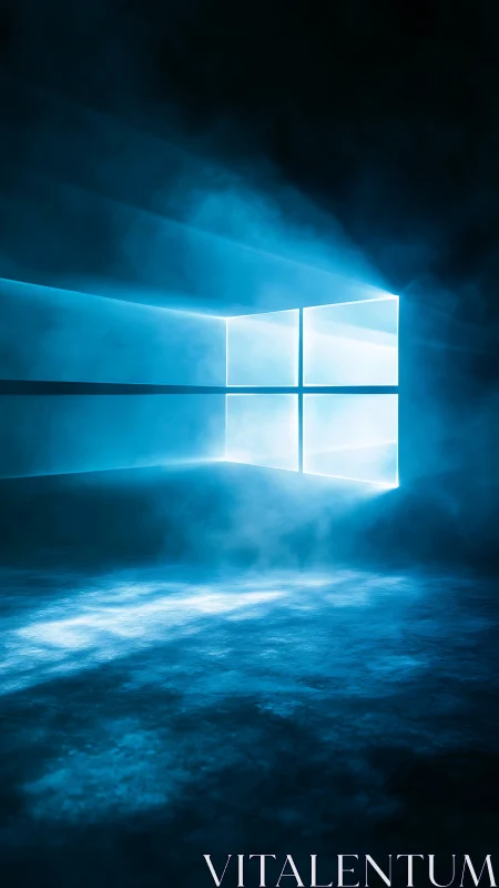 Luminous blue window grid casts volumetric light into darkness