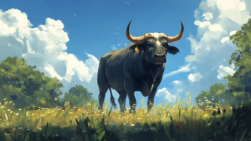 Majestic black bull stands in wildflower meadow under cumulus sky