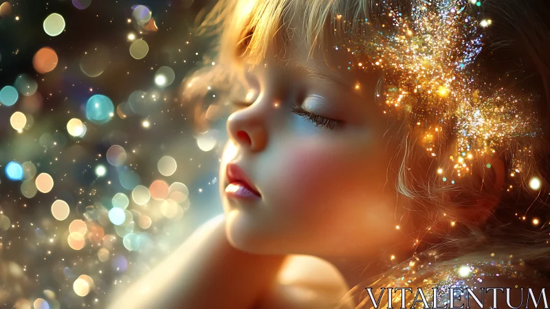 Sleeping starlight drapes a child in softly swirling dreams