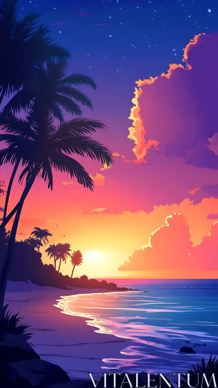 Neon hush over palm silhouettes at a sunset-tinted shore.