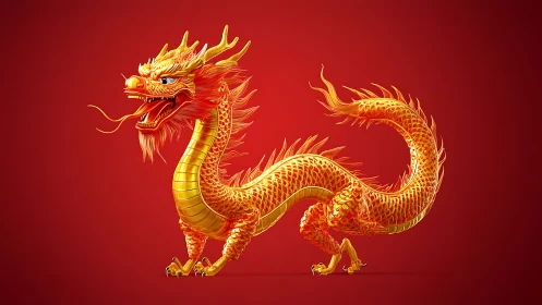 Golden Chinese dragon on red background, side profile view.