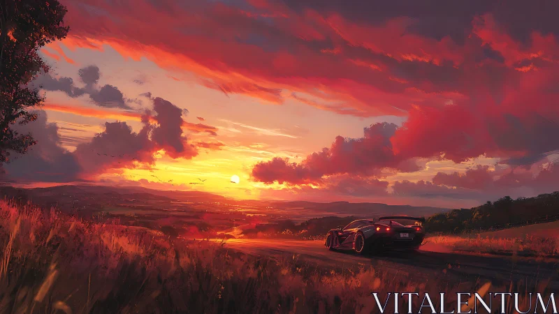 Sports car on rural road under vivid red sunset sky.
