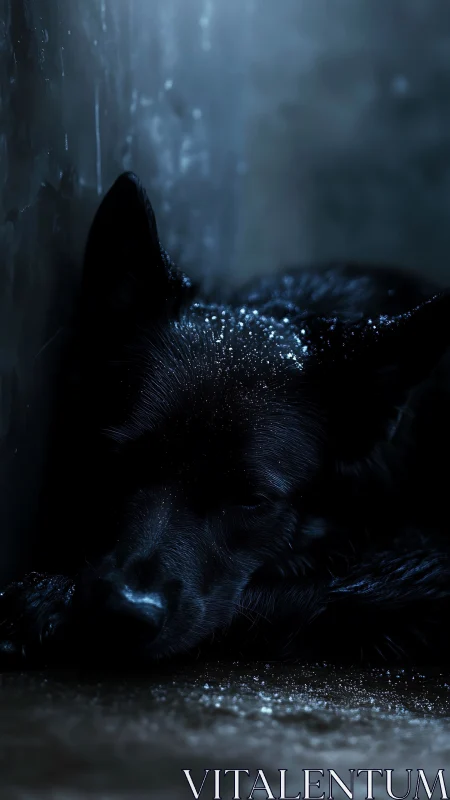 Black dog rests in dim blue light after a quiet rainfall