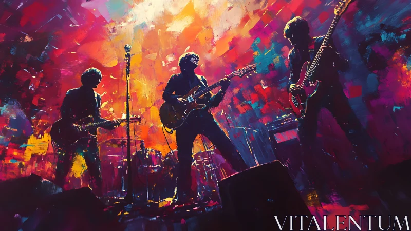 Rock band silhouettes ignite stage under neon paintstorm.