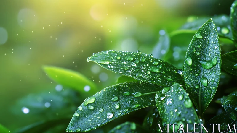 Morning dew on glossy green leaves in radiant backlight.