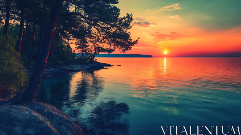 Sunset over tranquil lake framed by silhouetted pines.