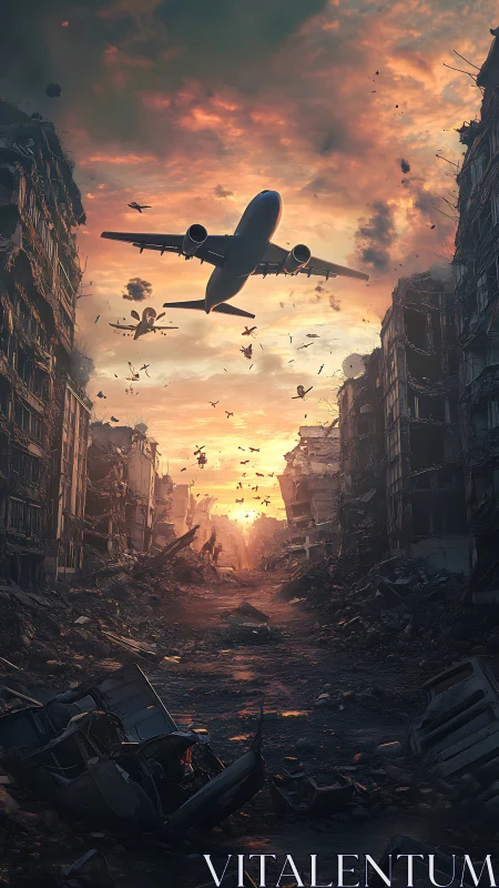 Airliner cuts through fiery sky above ruined city canyon.