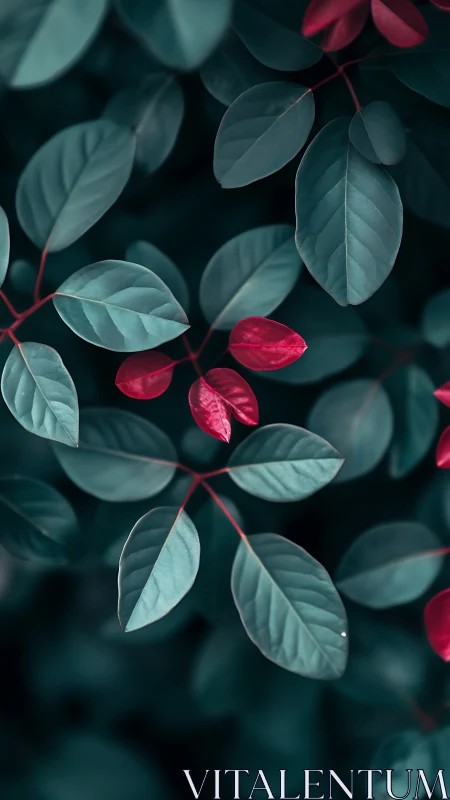 Macro botanical study of teal foliage with magenta accent leaves