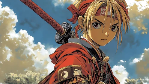 Anime samurai youth in dynamic three-quarter skyward composition.
