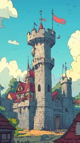 Medieval stone castle tower rises above village roofs