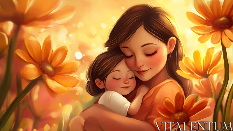 Woman and child embrace surrounded by orange daisy flowers