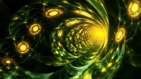 Golden cosmic spiral opening into a radiant starlit tunnel.