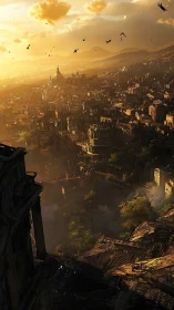 Golden twilight settles over a sprawling ruined cityscape