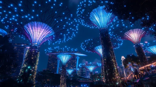 Illuminated supertree structures render dense bokeh-rich night skyline