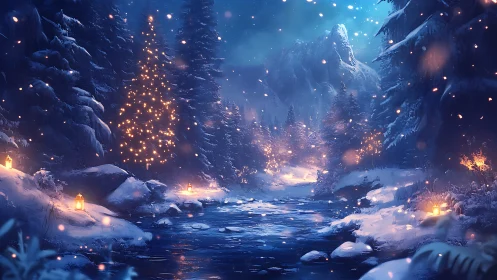 Snow-covered forest river reflects lantern and tree lights