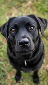 Gentle black labrador gazing up with soulful, hopeful eyes.
