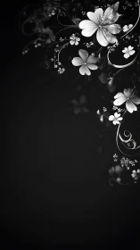 Monochromatic Floral Scrollwork with Ornamental Blooms Against Black Background