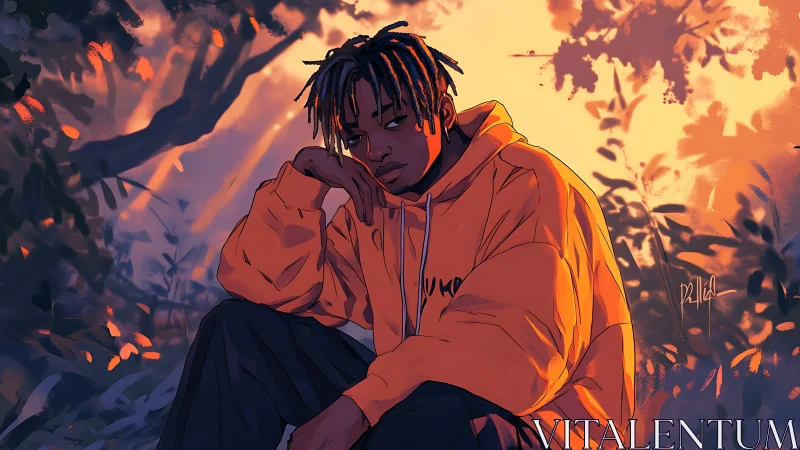 Melancholic youth in orange hoodie under warm sunset foliage