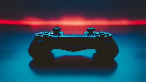 Gaming controller silhouette with cyan neon accents against fiery gradient backdrop.