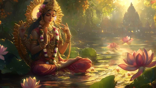 Lotus crowned goddess inhales sunrise over a jeweled river