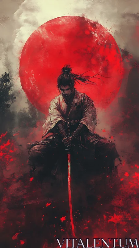 Samurai figure sits before large red circle in dense mist