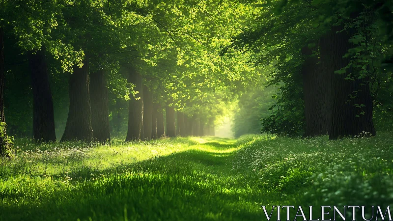 Sunlit Forest Pathway with Lush Greenery in Tranquil Morning Light.