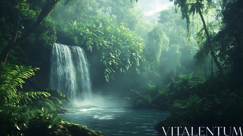 Luminous Tropical Waterfall Cascading Through Mist-Draped Rainforest Canopy.
