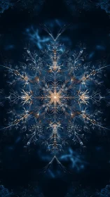 Fractal snowflake mandala with luminous filigree symmetry on blue